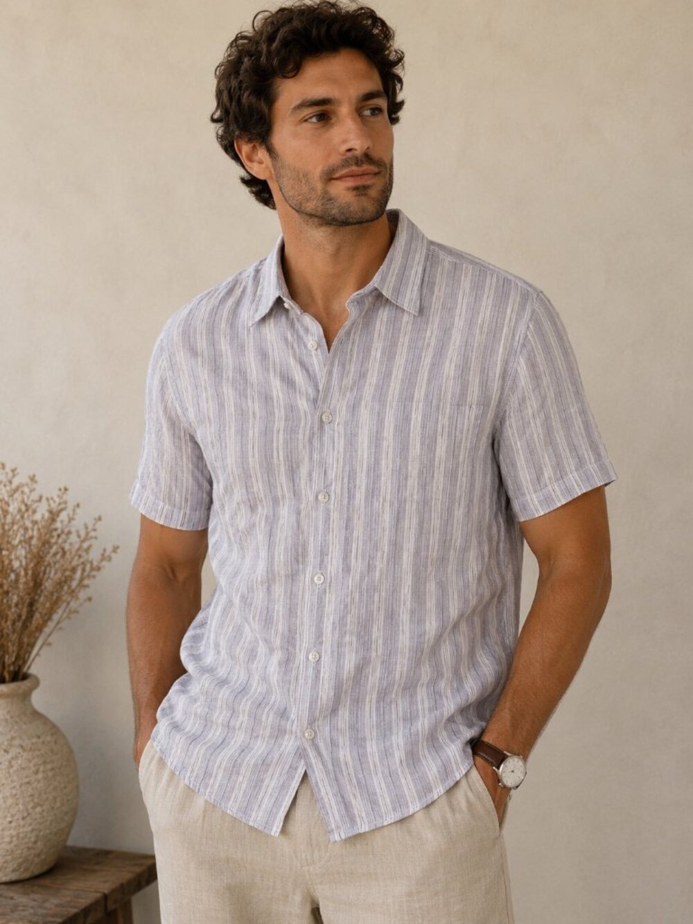 Baird McNutt Murano linen shirt Large Mens Striped Short Sleeve